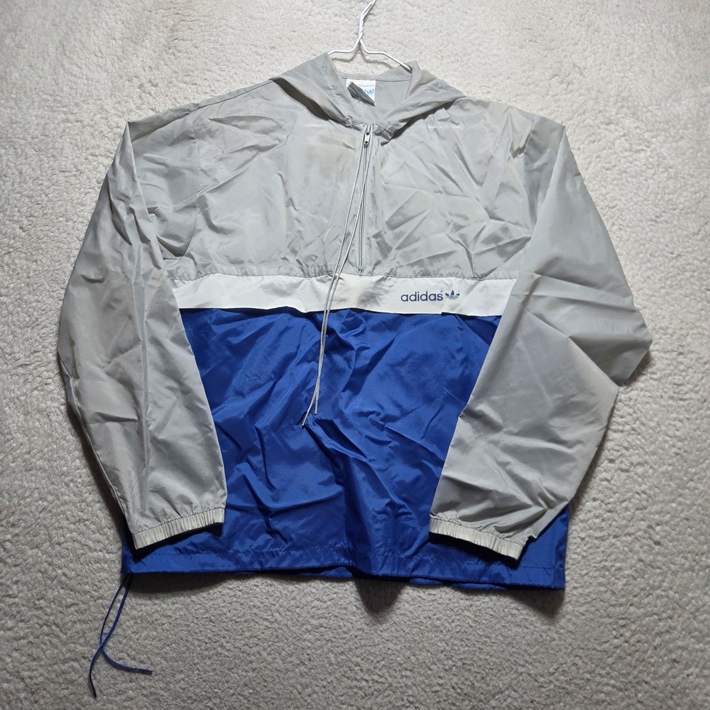 Vintage 80s Adidas Windbreaker Mens Medium Blue Grey Hooded Trefoil Sportswear